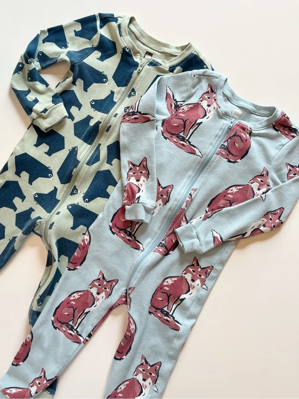 Tea Collection Set of 2 Kids Fox and Bear Print One Piece Zip Pajamas | 2T